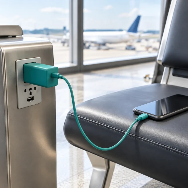 Teal travel charger plugged in at an airport gate seat.