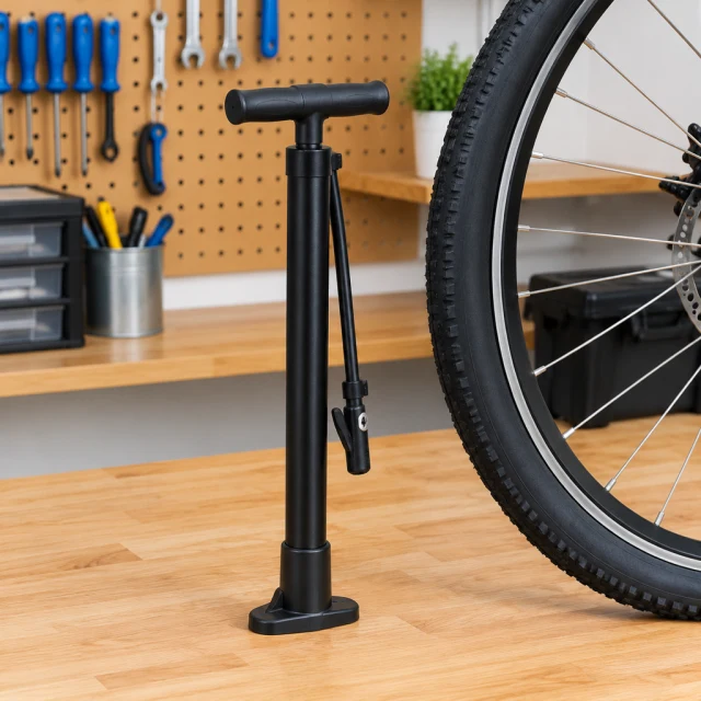 Compact hand-operated bicycle pump beside a bicycle tire in a garage.