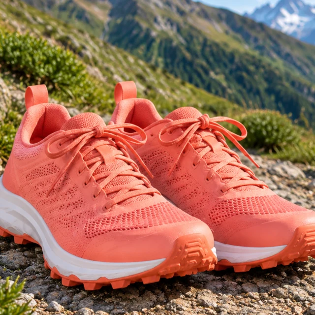 Coral trail shoes enlarged so their heels and toes are clipped at the square-frame edges.