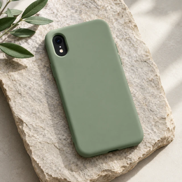 Matte sage phone case resting on a textured stone slab, a single oval camera opening and no recognizable phone model.