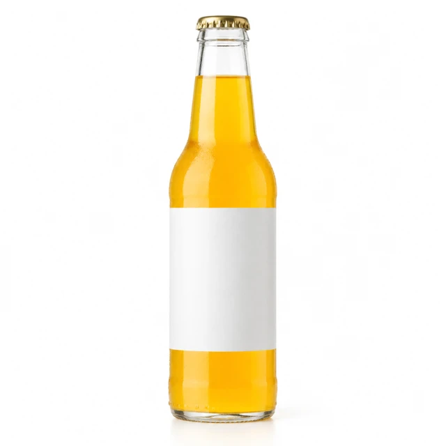 Single clear bottle of golden citrus drink upright on a white background, blank label.