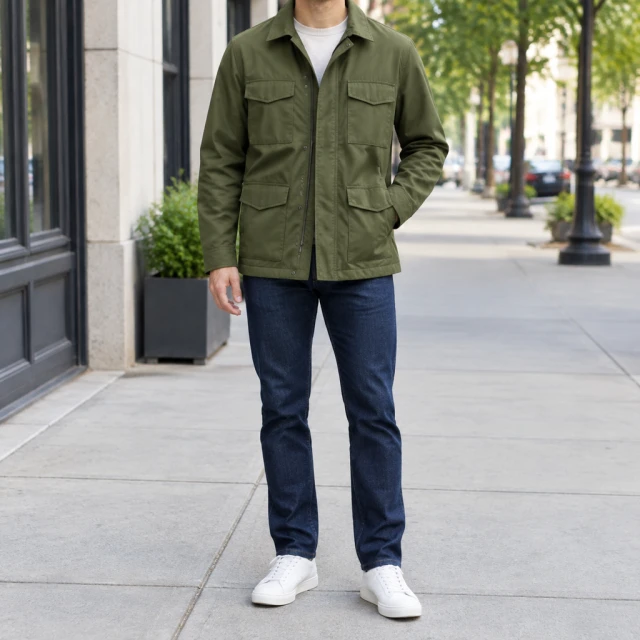 Adult wearing a plain olive field jacket on a city sidewalk, jacket fully visible and face outside the crop.