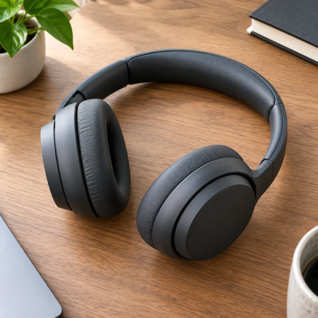 Generic charcoal over-ear headphones on a wood desk, no logos or charging case.