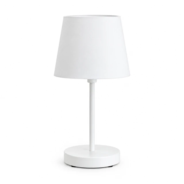 Plain white portable table lamp with shade, stem, and base fully visible on white.