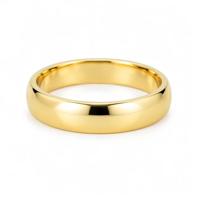 Single polished gold band ring centered on a plain white background.