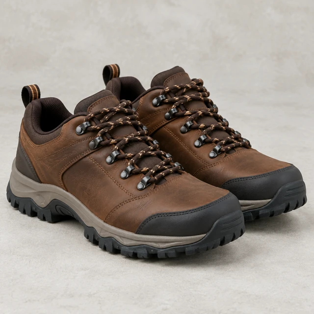Pair of brown leather trail shoes with sturdy soles and visible laces on a neutral surface, no canvas low-top styling.