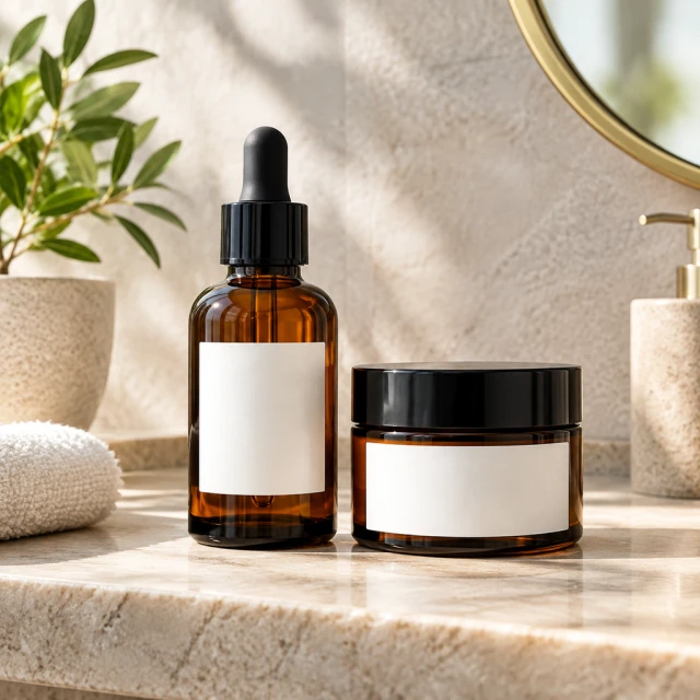 Amber dropper serum bottle and cream jar with blank labels on a stone bathroom shelf in soft morning light.