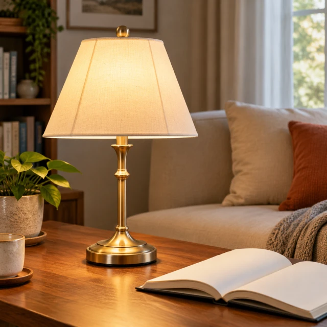 Brass table lamp glowing beside an open blank-page book in a cozy living room.