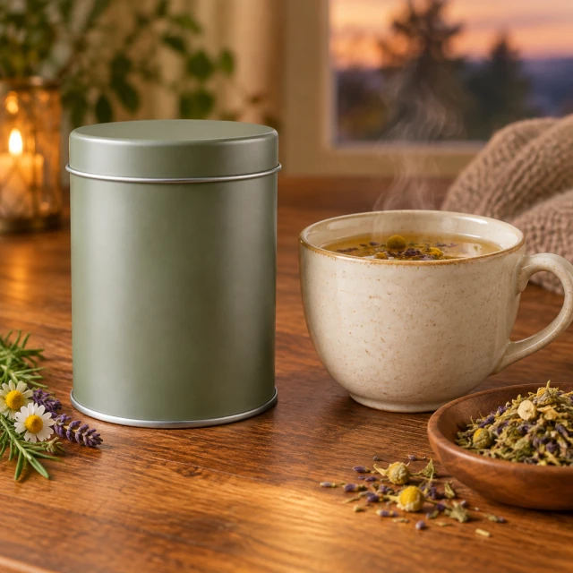 Plain herbal tea tin beside a warm evening cup on a wood table, tin completely unprinted.