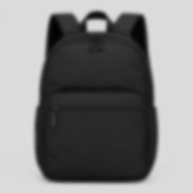Black commuter backpack in a deliberately soft focus so its full outline is clear while straps and pocket details stay blurred.