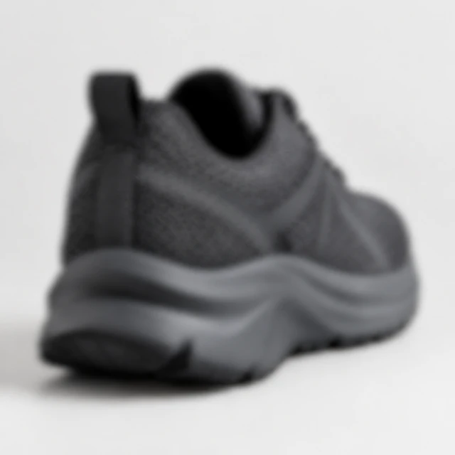Charcoal running shoe on a pale surface in intentional soft focus, shoe silhouette still recognizable.