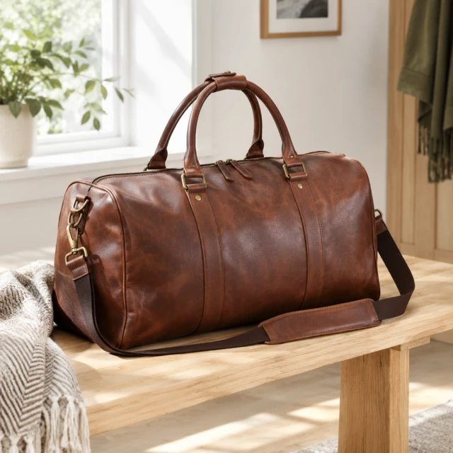 Brown leather duffel resting on a pale wood bench in brighter natural window light.