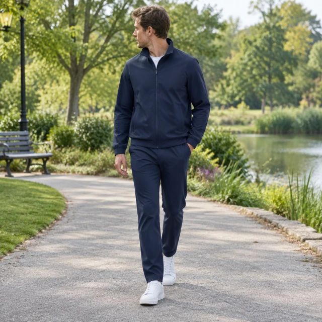 Adult wearing a plain navy jacket and trousers on a park walk, full outfit visible, face turned away.