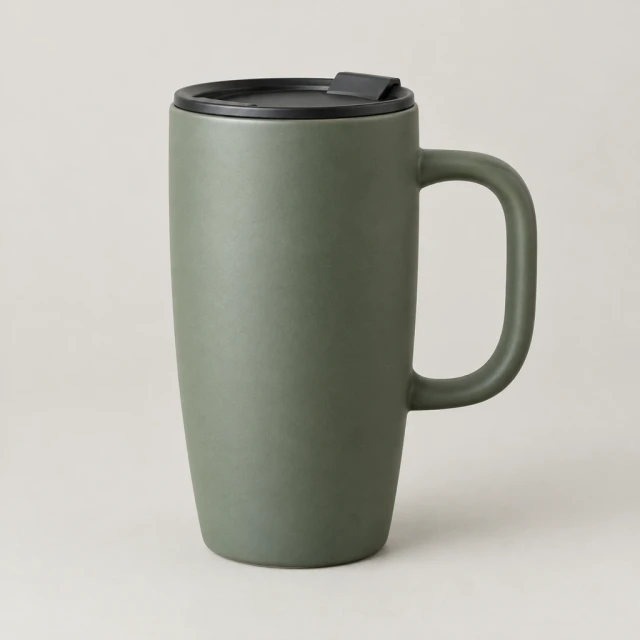 Matte ceramic travel mug on a neutral studio background, square product view with its handle fully visible.