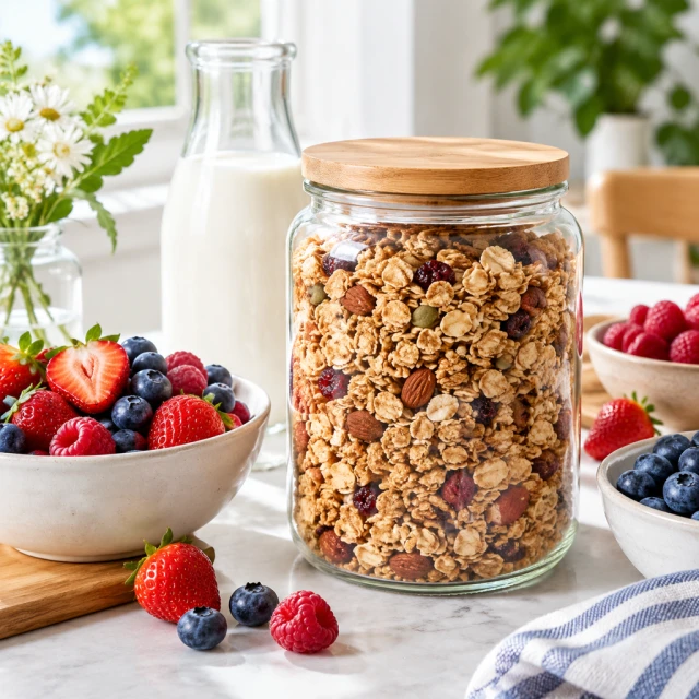Clear granola jar beside bowls of berries with a glass bottle behind it on a bright breakfast table.