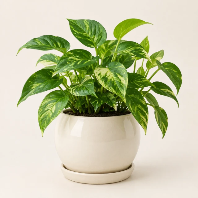 Leafy green houseplant in a round cream ceramic planter with a matching saucer on pale studio background.