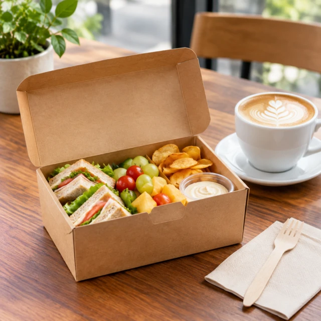 Unbranded kraft snack box on a cafe table beside a latte, all packaging blank.