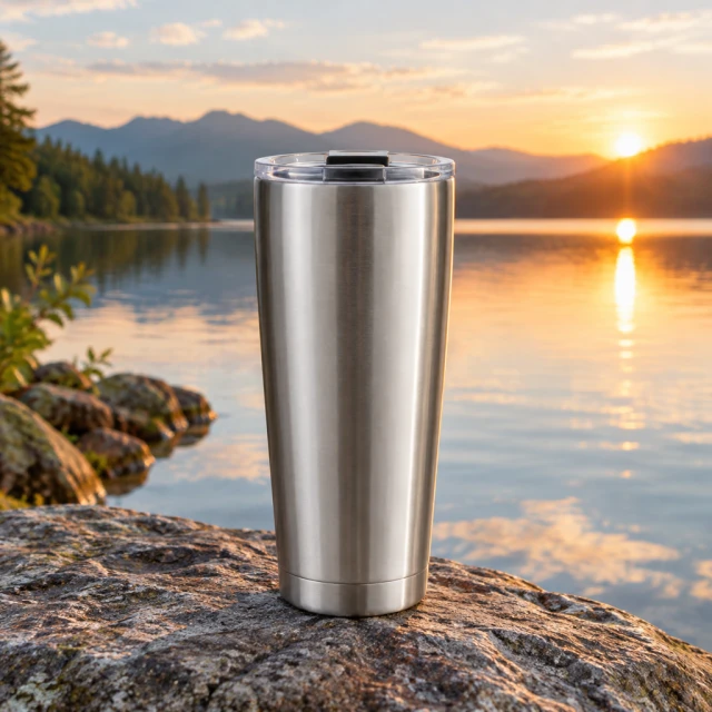 Plain steel travel tumbler on a lakeside rock at sunrise, soft water reflections behind it.