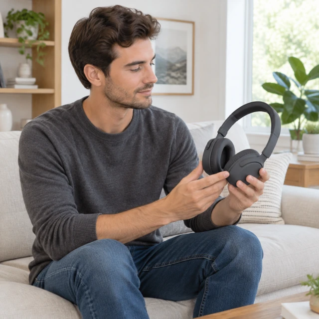 Adult presenter holding plain charcoal over-ear headphones in a bright living room, mouth closed and not facing the camera.