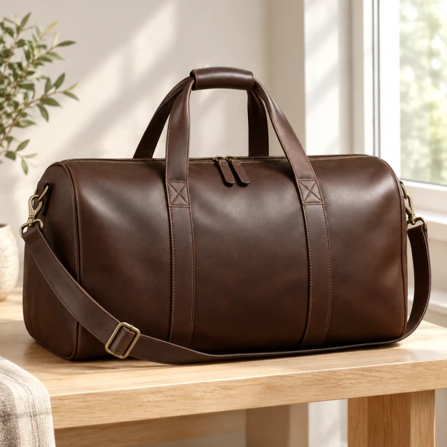 Dark brown leather duffel on a pale wood bench beside a bright window, matching the plain bag shown in its source photo.