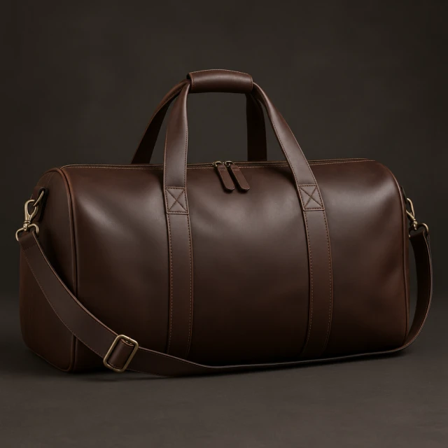 Brown leather duffel bag on a dark studio background.