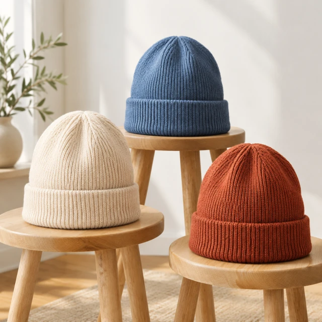 Three plain knit beanies in muted cream, blue, and rust on simple wooden stools.