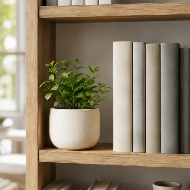 Small unbranded ceramic planter on a bookshelf beside plain blank-spine books in a bright room.