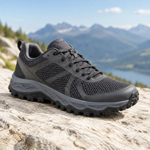 Charcoal trail running shoe with visible mesh and laces on a pale stone surface.