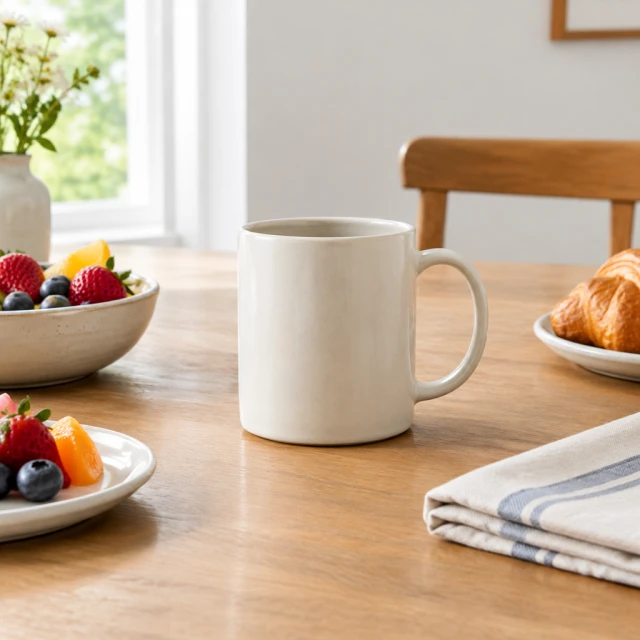 Plain ceramic mug on a breakfast table with fruit and folded linen, photographed from across the table.
