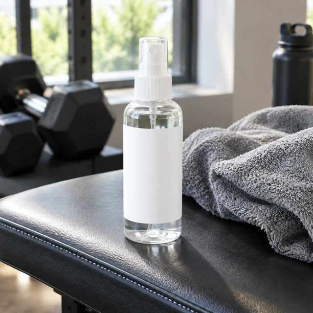 Plain face-mist bottle with a blank label on a gym bench beside a towel after a workout.