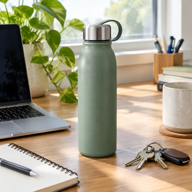 Unbranded reusable water bottle on a casually cluttered work desk beside a notebook and keys.