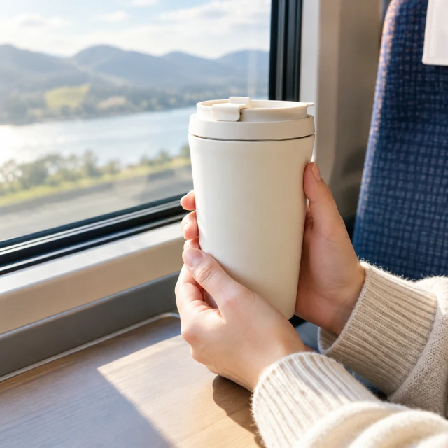 Hands holding a plain ceramic travel cup beside a train window, morning light, no face visible.