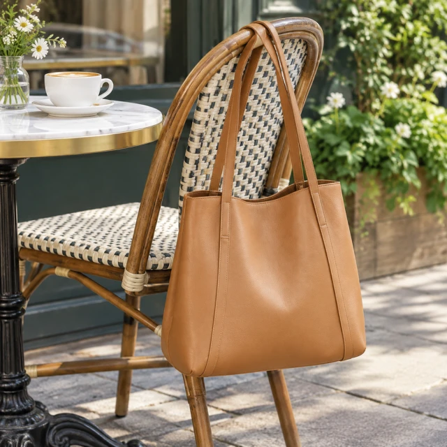 Plain tan leather handbag hanging from a cafe chair beside a cup, full bag visible.