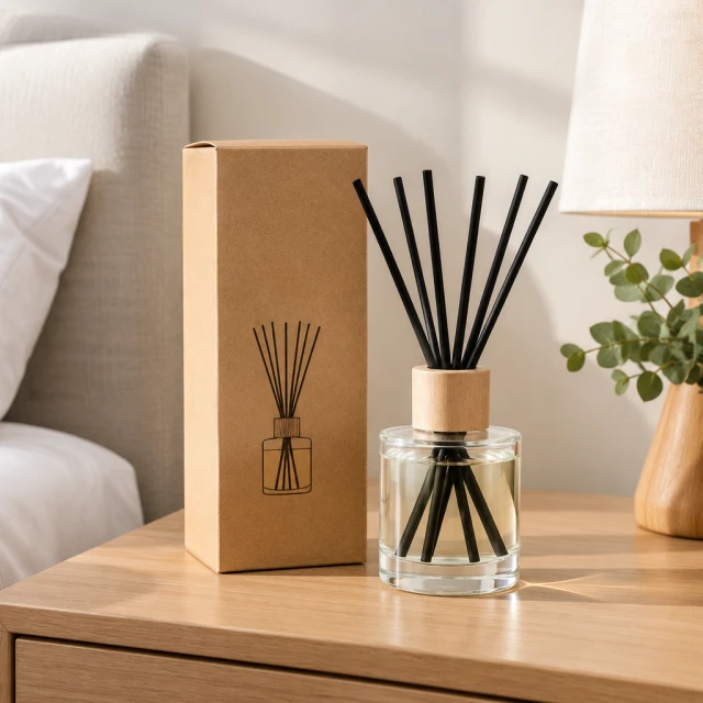 Plain reed diffuser in a kraft carton on a tidy bedside table, reeds and glass vessel clearly visible.