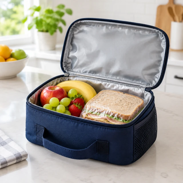 Plain insulated lunch bag open on a kitchen island with fruit and a wrapped sandwich, no lettering.