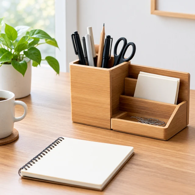 Wooden desk organizer with pens and a small tray beside a blank notebook on a tidy work surface.