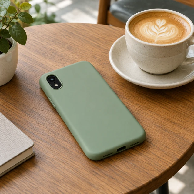 Matte sage phone case with a single oval camera opening on a cafe table beside a coffee cup; no recognizable phone model.