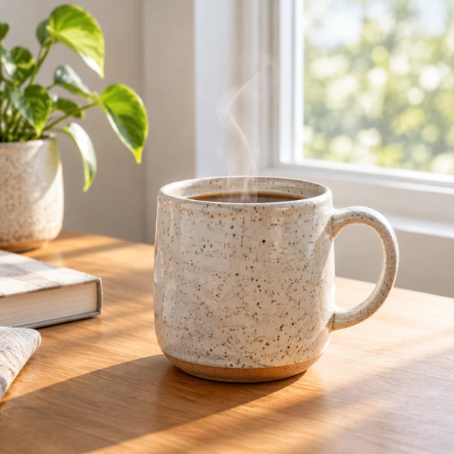 Speckled ceramic mug beside a bright window with a thin curl of steam in soft morning light.