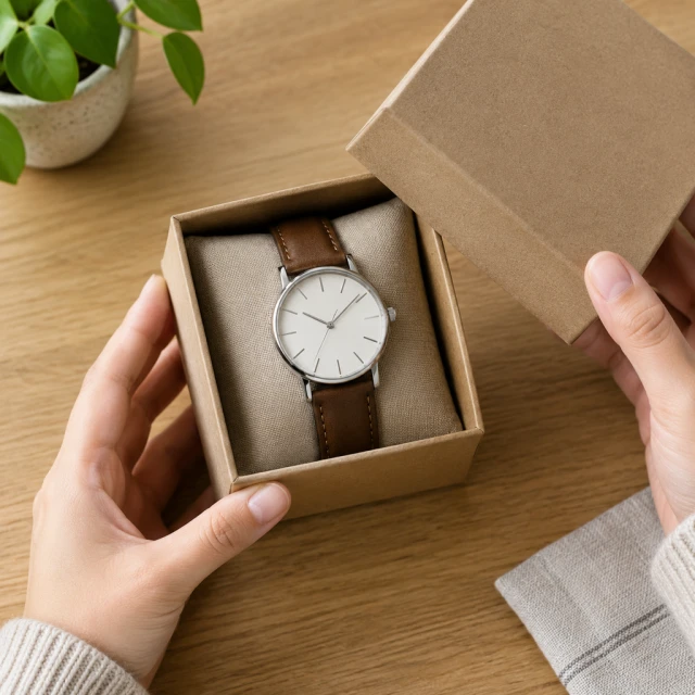 Hands opening a simple round analog wristwatch with a plain leather strap in a matte kraft box; no smartwatch or dive-watch features.