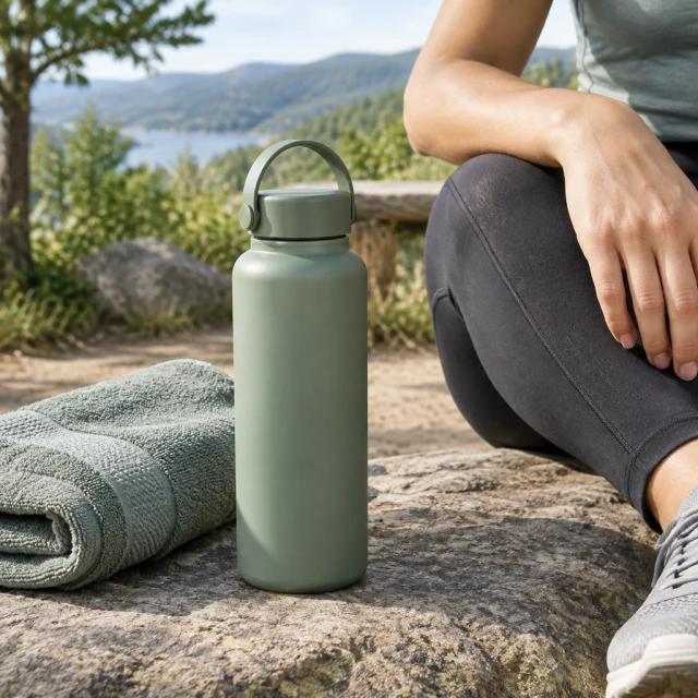 Unbranded sage-green water bottle beside a runner’s hand and folded towel at a quiet trail rest stop, no face visible.