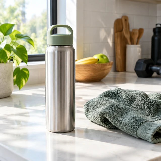 Reusable bottle and folded towel on a sunlit kitchen counter after a daily workout.