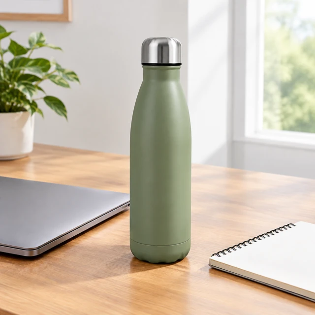 Reusable bottle beside a closed laptop and blank notepad on a tidy desk in daylight.