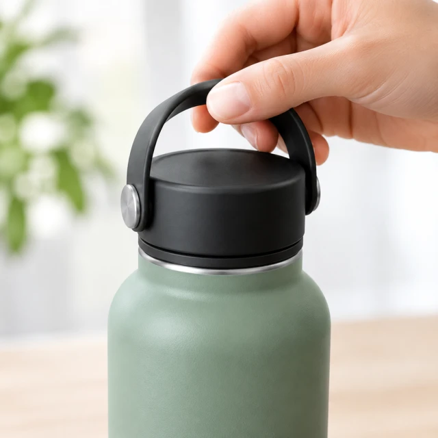 Close square view of a reusable bottle lid and hand, cap shape crisp and fully visible, no markings.