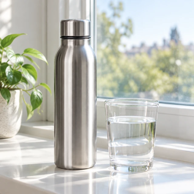 Reusable bottle beside a glass of water on a bright windowsill, natural reflections and soft morning light.