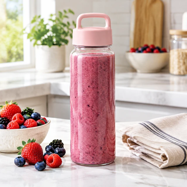 Clear smoothie bottle with berries and a folded linen napkin on a bright kitchen counter.