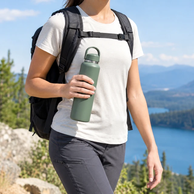 Adult carrying an unbranded reusable bottle outdoors in daylight, face outside the crop.