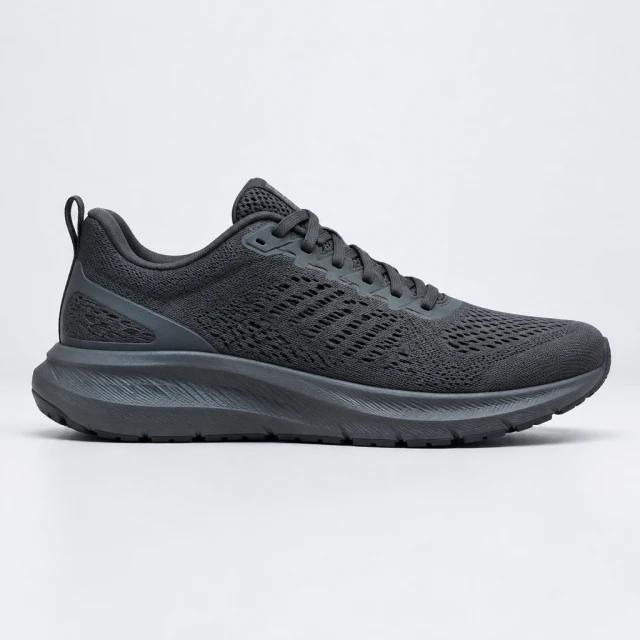 Unbranded charcoal road-running shoe on a pale studio surface, complete side profile and laces visible.