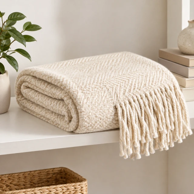Folded cream wool throw with its woven texture visible on a pale shelf, no labels.