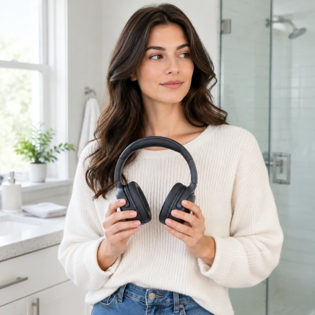 Adult presenter holding plain charcoal over-ear headphones at chest height in a bright bathroom, mouth closed and gaze turned slightly aside.