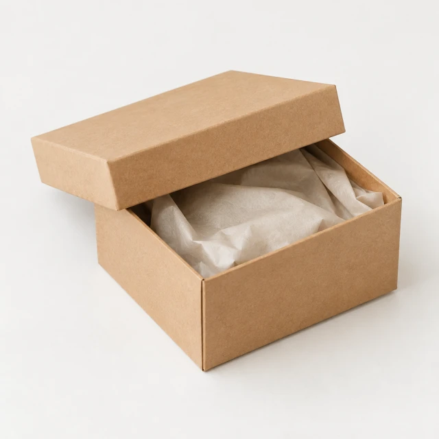 Plain kraft product box on a light backdrop with the lid slightly open and unprinted paper inside.